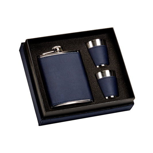 Navy Leatherette Flask & Stainless Steel Shot Glass Set