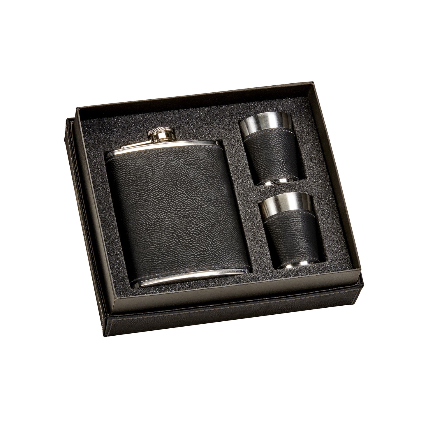 Black Leatherette Flask & Stainless Steel Shot Glass Set