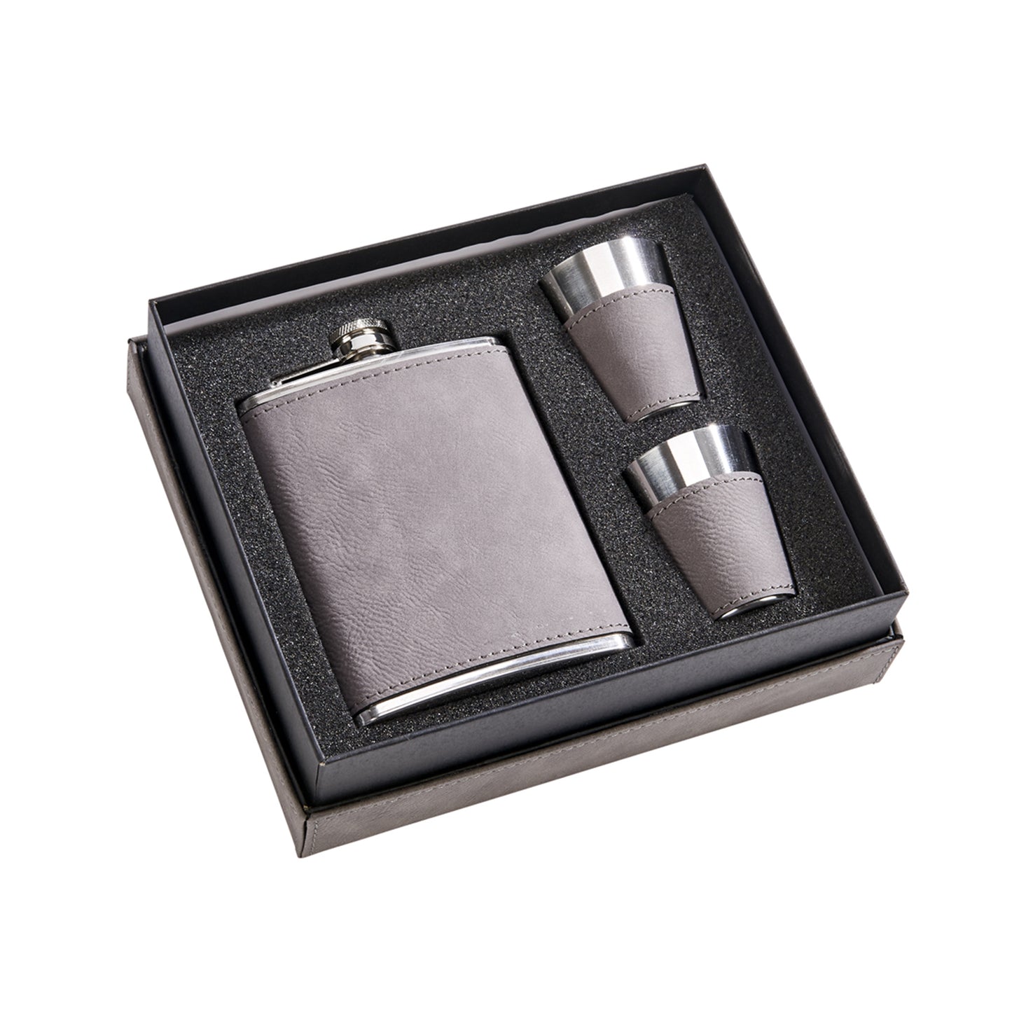 Grey Leatherette Flask & Stainless Steel Shot Glass Set