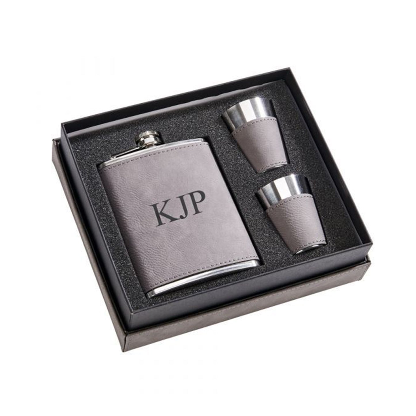 Grey Leatherette Flask & Stainless Steel Shot Glass Set