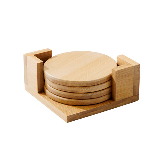 Bamboo Wood Coaster Set - 4" Round Coasters with Stand