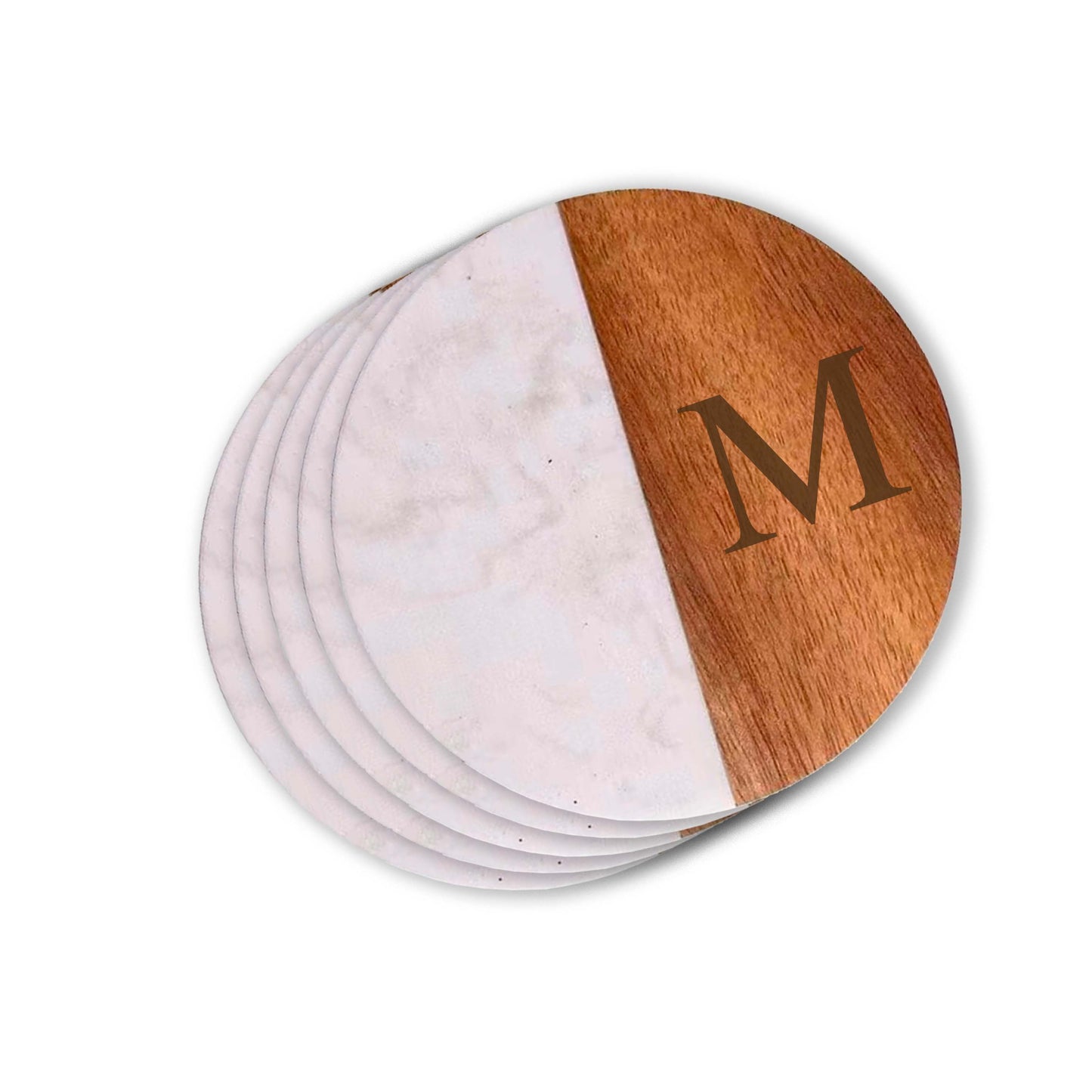 Set Of 4 White Marble and Acacia Wood 4" Round Coasters