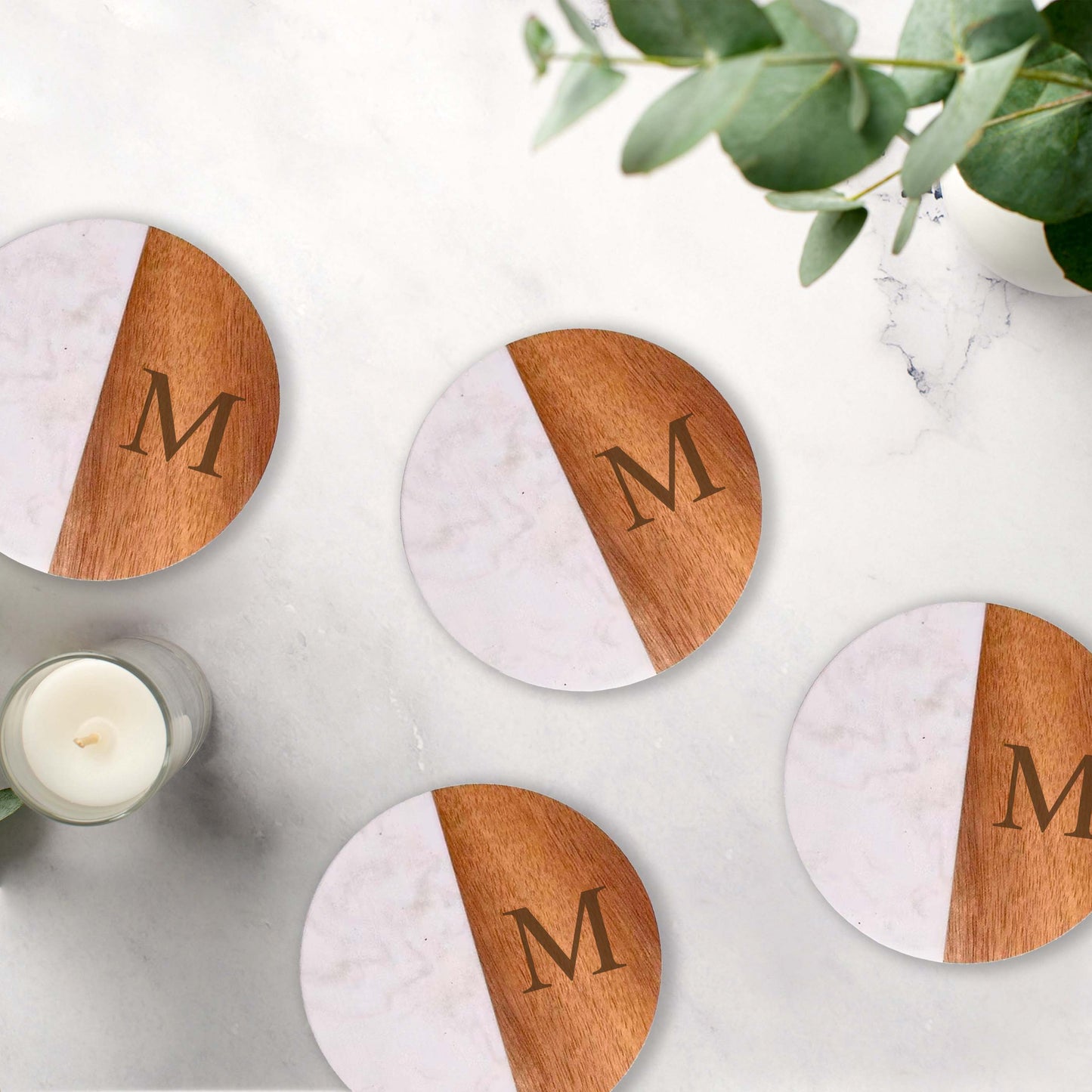 Set Of 4 White Marble and Acacia Wood 4" Round Coasters
