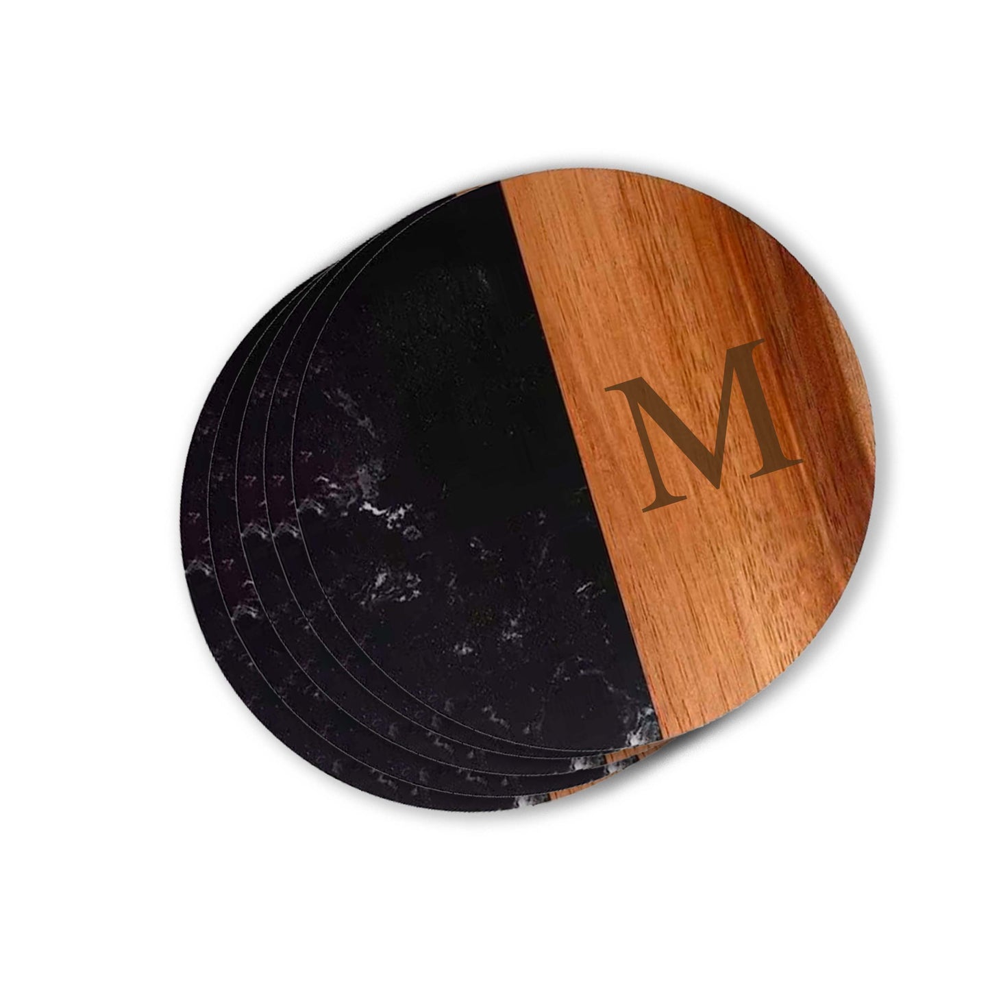 Set Of 4 Black Marble and Acacia Wood 4" Round Coasters