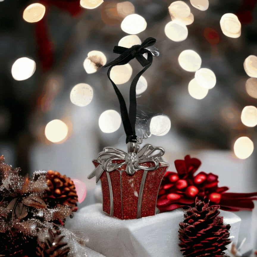 3D Red Gift Box Ornament with Engraving Tag