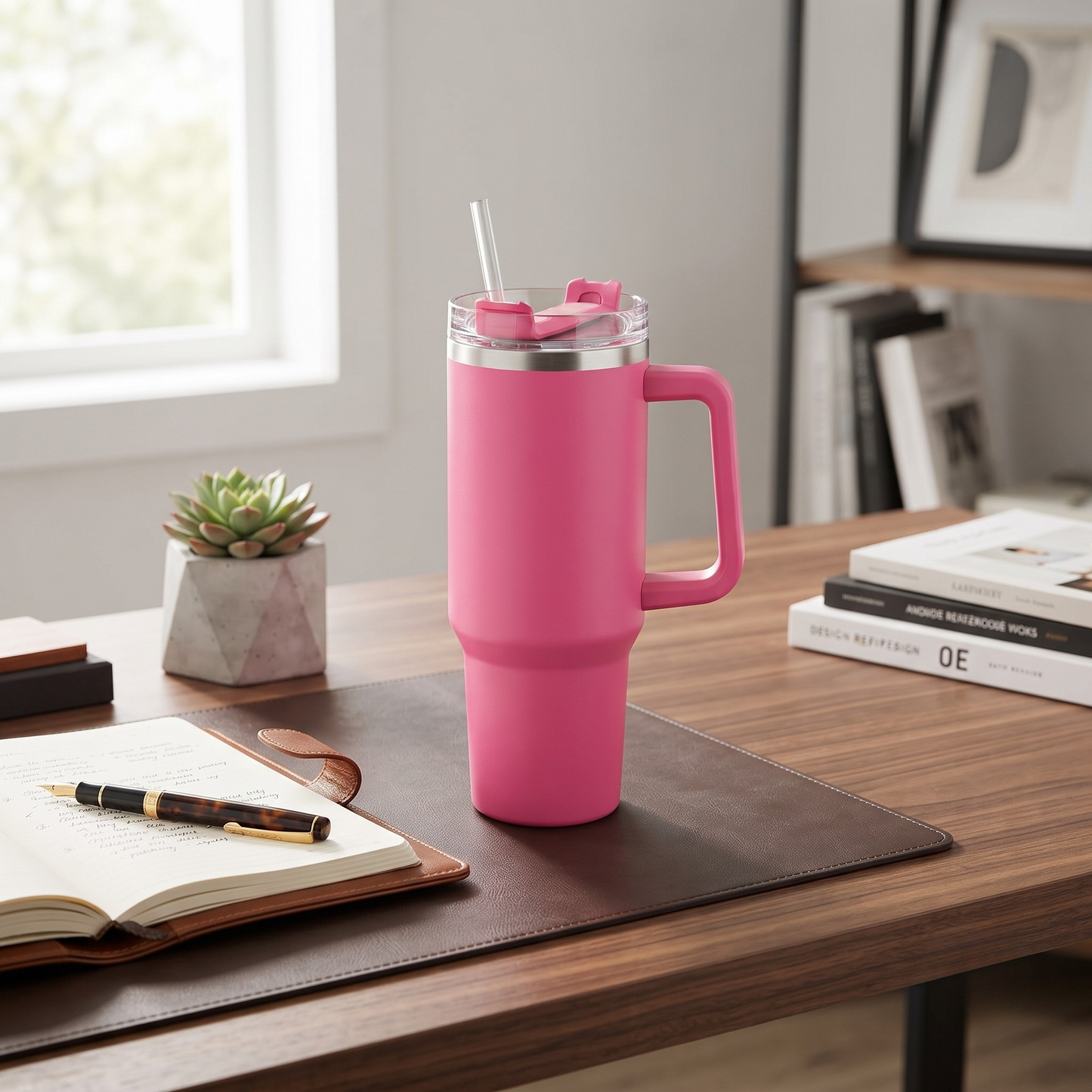 Hot Pink 40 oz stainless steel tumbler with handle and straw