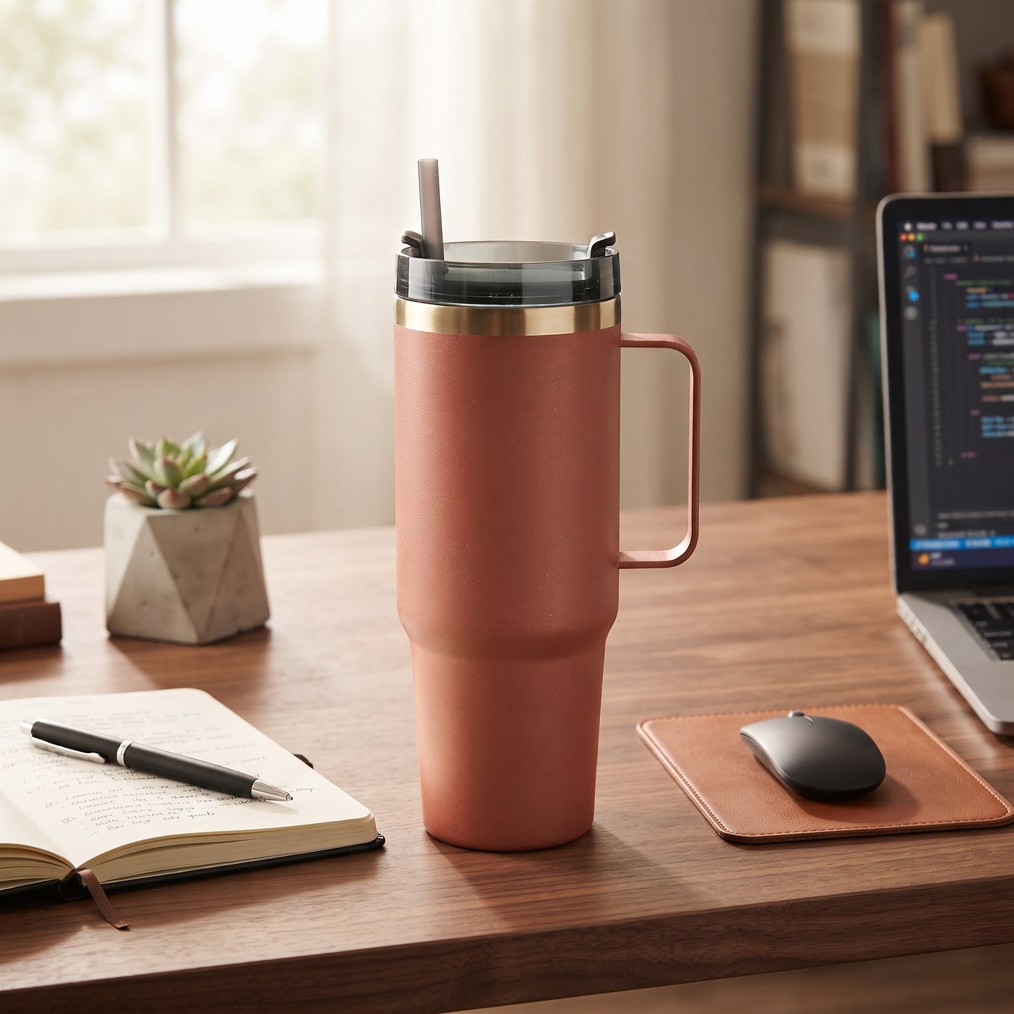 Rose 30 oz stainless steel tumbler with handle and straw, featuring an insulated design for keeping drinks hot or cold on the go.