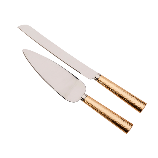 Gold Hammered Handle Cake Knife & Server Set