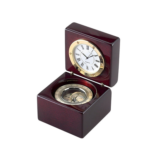 Square Wood Box With Clock & Compass In Piano Finish