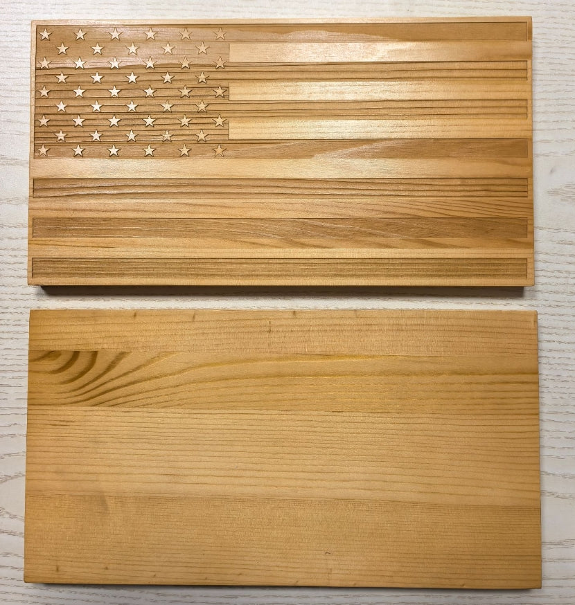 American Flag-shaped acacia wood serving board in a natural brown finish, designed for charcuterie, cheese, fruit, or appetizers, and suitable for personalization as a unique gift.