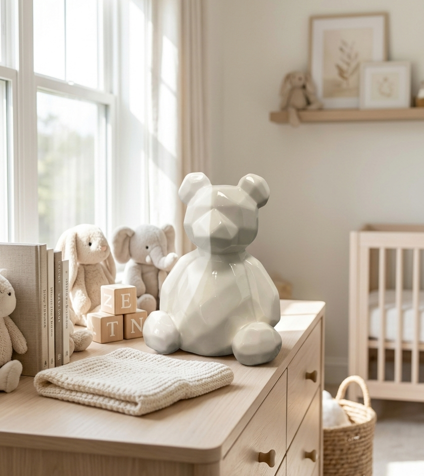 White ceramic teddy bear bank with glossy finish, 6 inch x 7 inch decorative coin bank for nurseries, kids' rooms, and baby shower gifts.