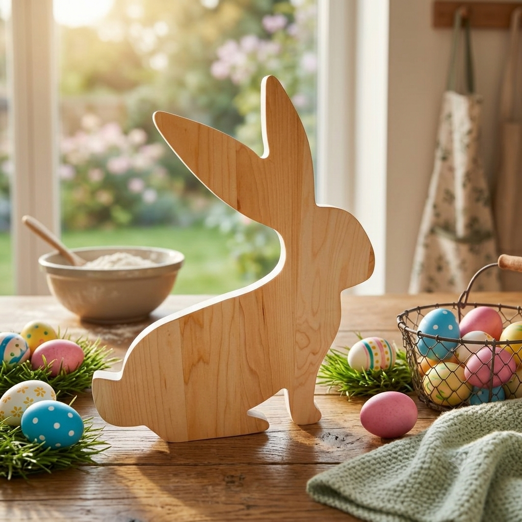 Wood bunny serving board with a white milk paint outline, measuring 14 inch x 11 inch x 0.625 inch, food-safe and ideal for Easter décor, entertaining, and seasonal displays.
