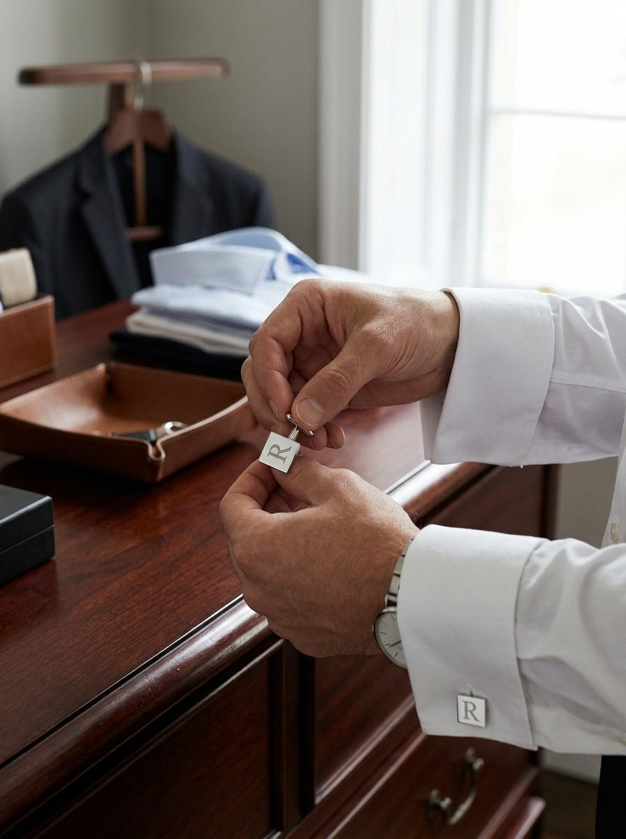 Rectangular cuff links with a sleek polished finish, classic men's accessory ideal for formal wear, weddings, business attire, and personalized gift occasions.