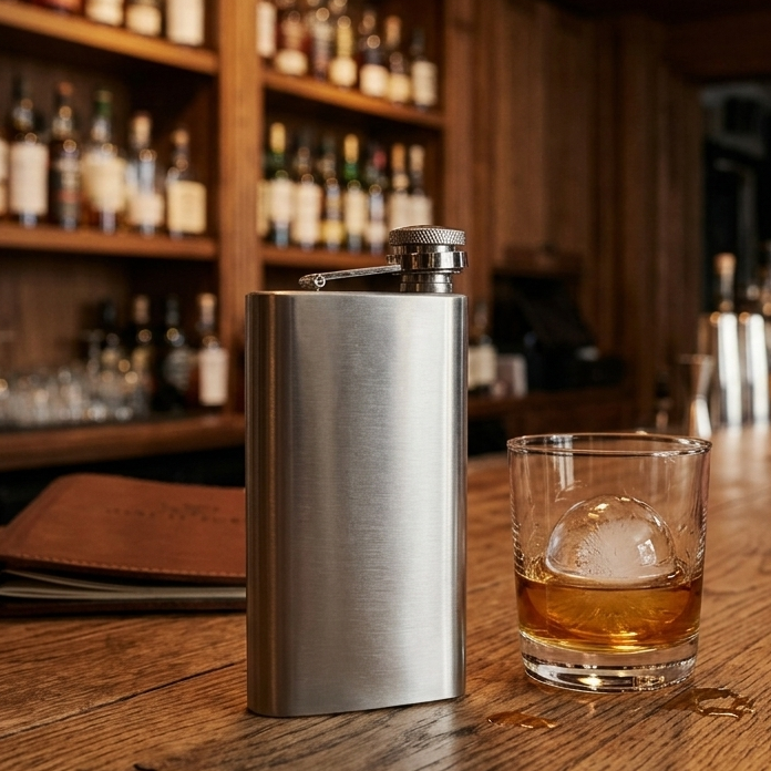 Silver stainless steel pocket flask with a sleek polished finish, 6 oz capacity, compact design, and durable construction for carrying beverages on the go.