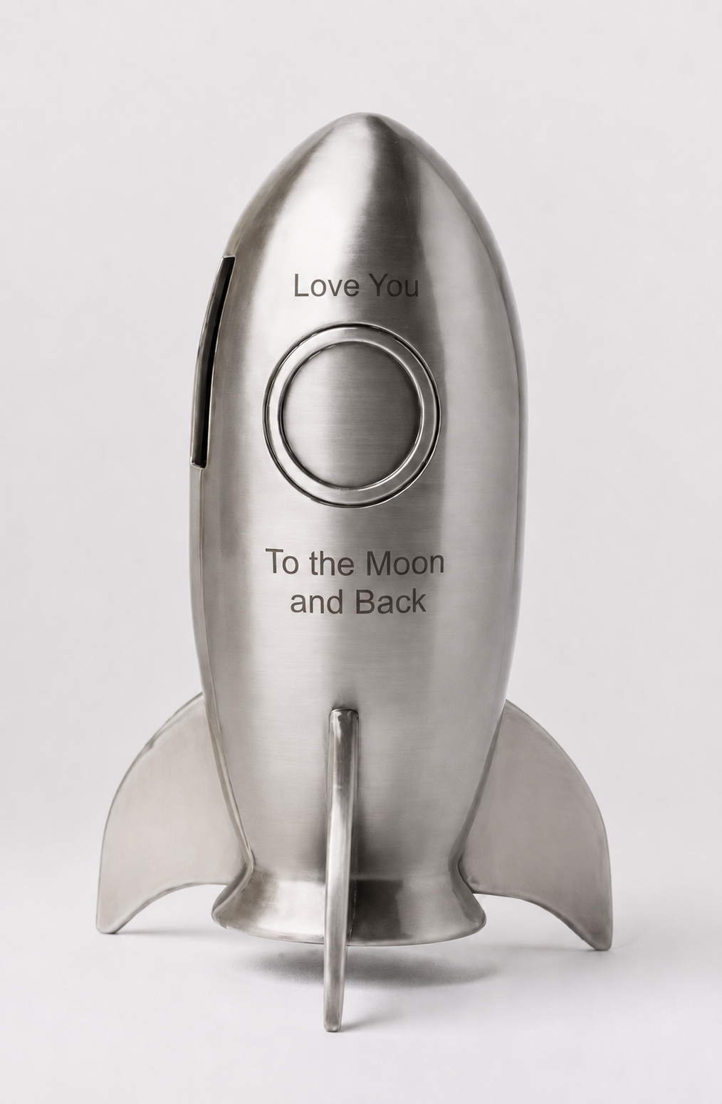 Rocket ship pewter bank that can be personalized, a classic keepsake coin bank for a nursery, baby shower, or birthday gift.