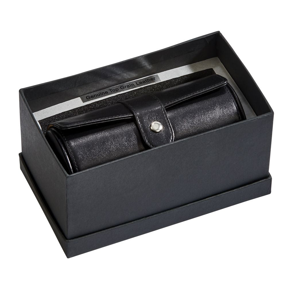 Black Leather Round Jewelry Case 6" X 3"