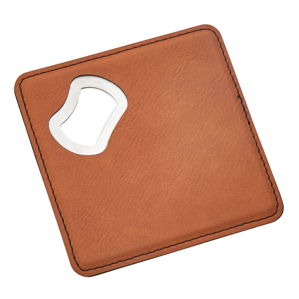 Leatherette Coaster/bottle Opener, Caramel 4" Square creativegiftsdirect