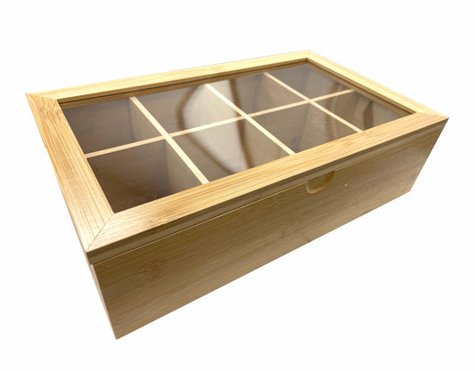 Bamboo Tea Box With 8 Compartments, 12.5" X 7.5" X 3.5"