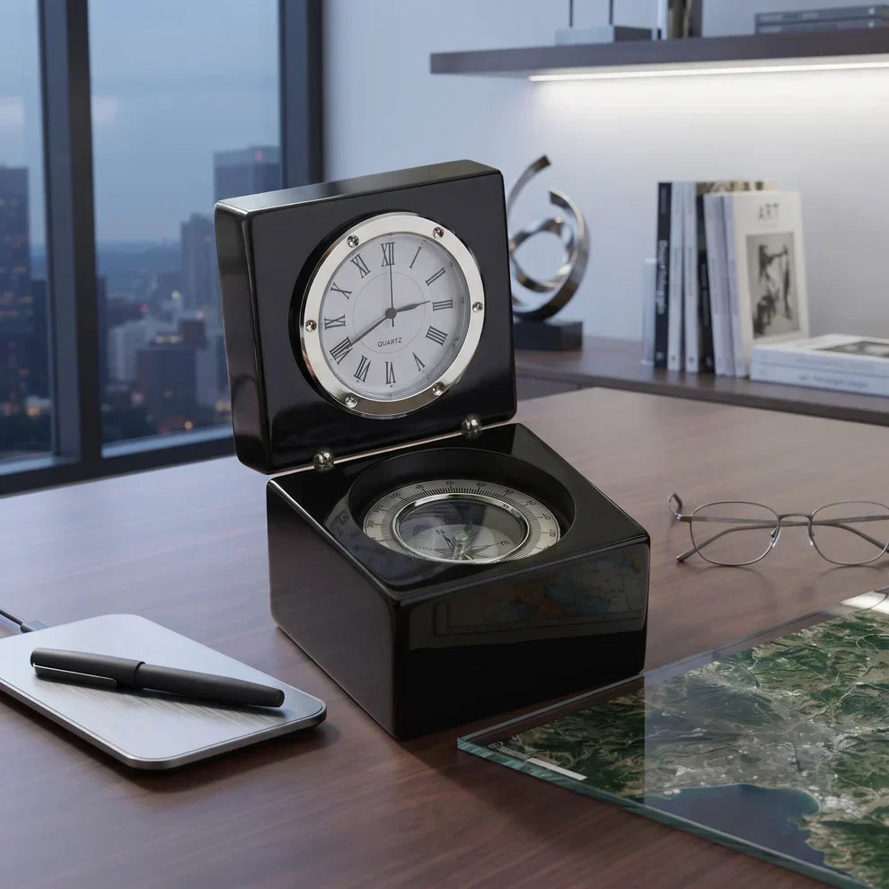 Creative Gifts Direct black square wood box with clock and compass displayed on a desk.
