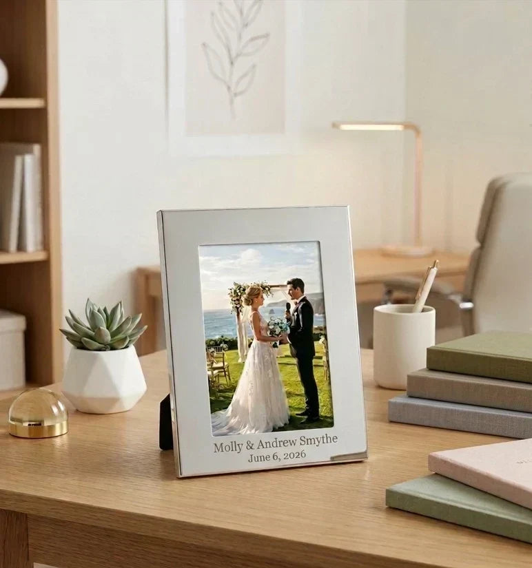 Creative Gifts Direct Cambridge 5x7 engraved wedding photo frame styled on a table.