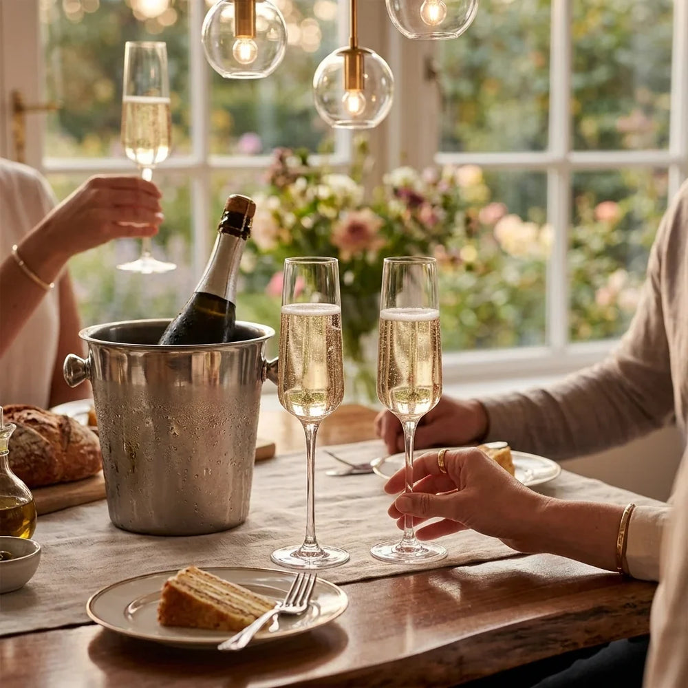 Creative Gifts Direct champagne flutes set styled for a wedding toast.