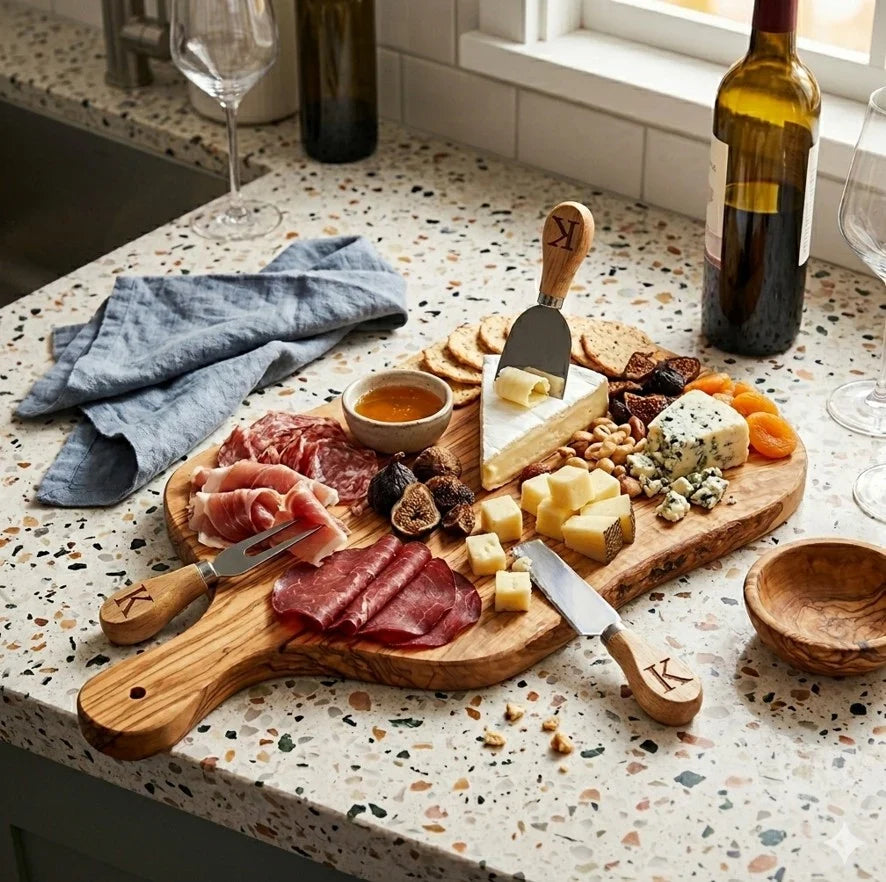 Creative Gifts Direct personalized cheeseboard with engraved initial displayed on a dining table.
