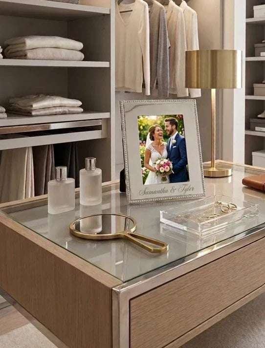  Creative Gifts Direct personalized silver photo frame displaying a wedding photo on a modern dresser with elegant décor.