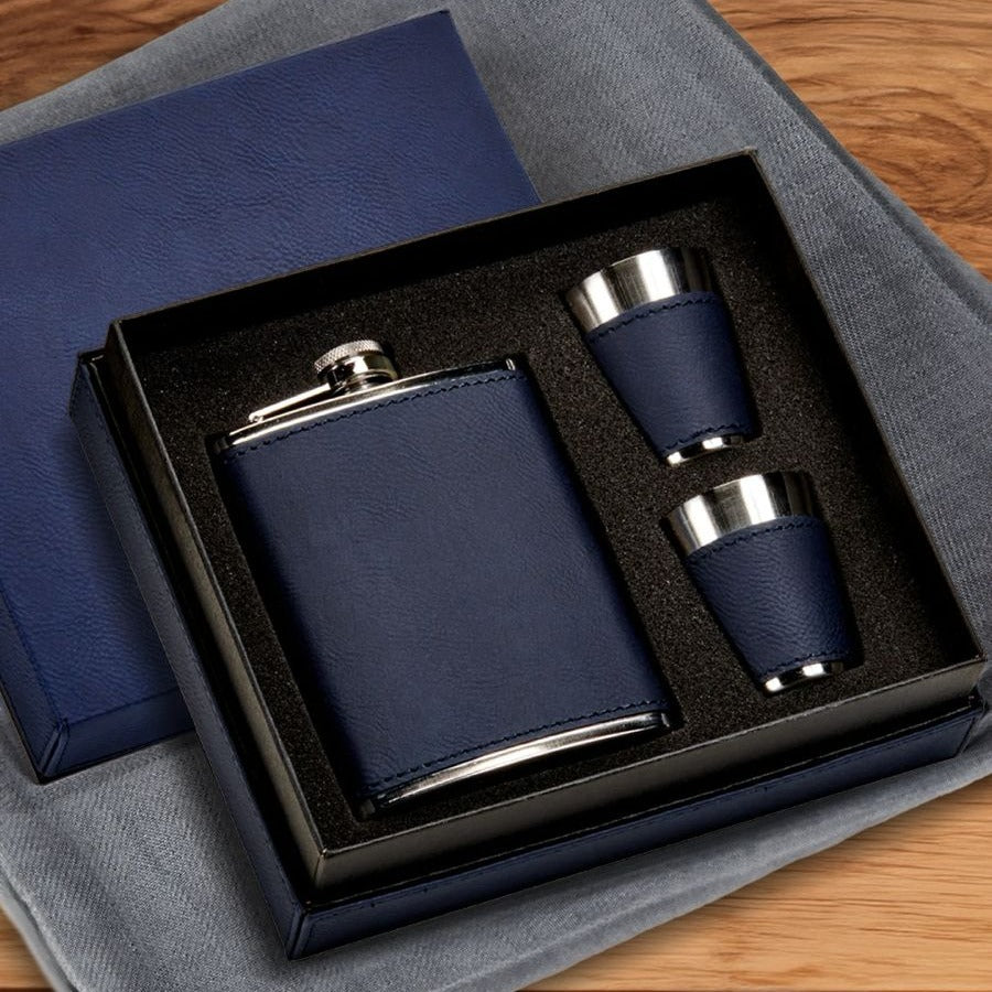 Navy Leatherette Flask & Stainless Steel Shot Glass Set