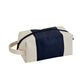 Navy leatherette and canvas travel kit with a classic Dopp kit design, zipper closure, and handle, perfect for organizing toiletries and grooming essentials.