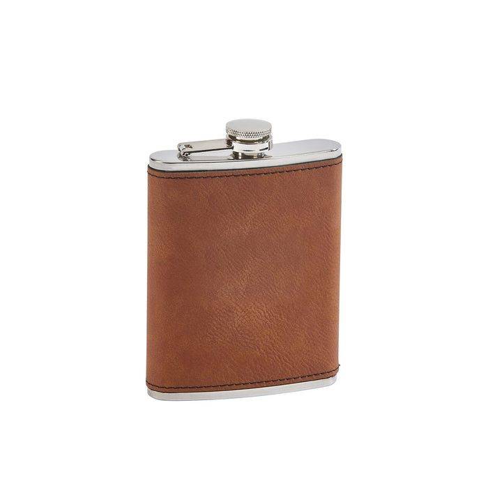 Caramel leatherette 8 oz flask with a hinged cap, durable steel construction, and laser-engravable surface, perfect for travel, gifting, or everyday carry.