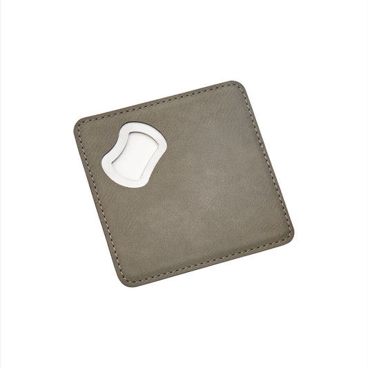 Grey Leatherette Coaster with Bottle Opener - 4" Square