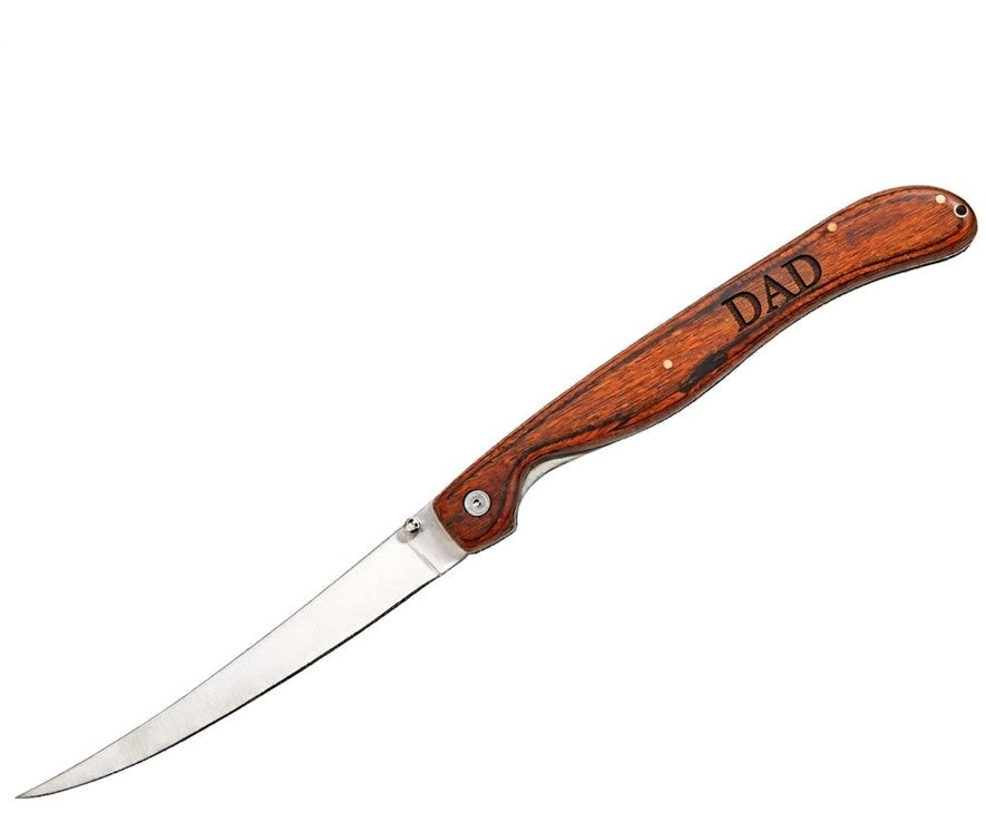 Stainless steel fillet knife with birchwood handle, locking blade, and nylon carrying pouch, designed for filleting fish and trimming meats, making a thoughtful gift for fishing enthusiasts and outdoor adventurers.