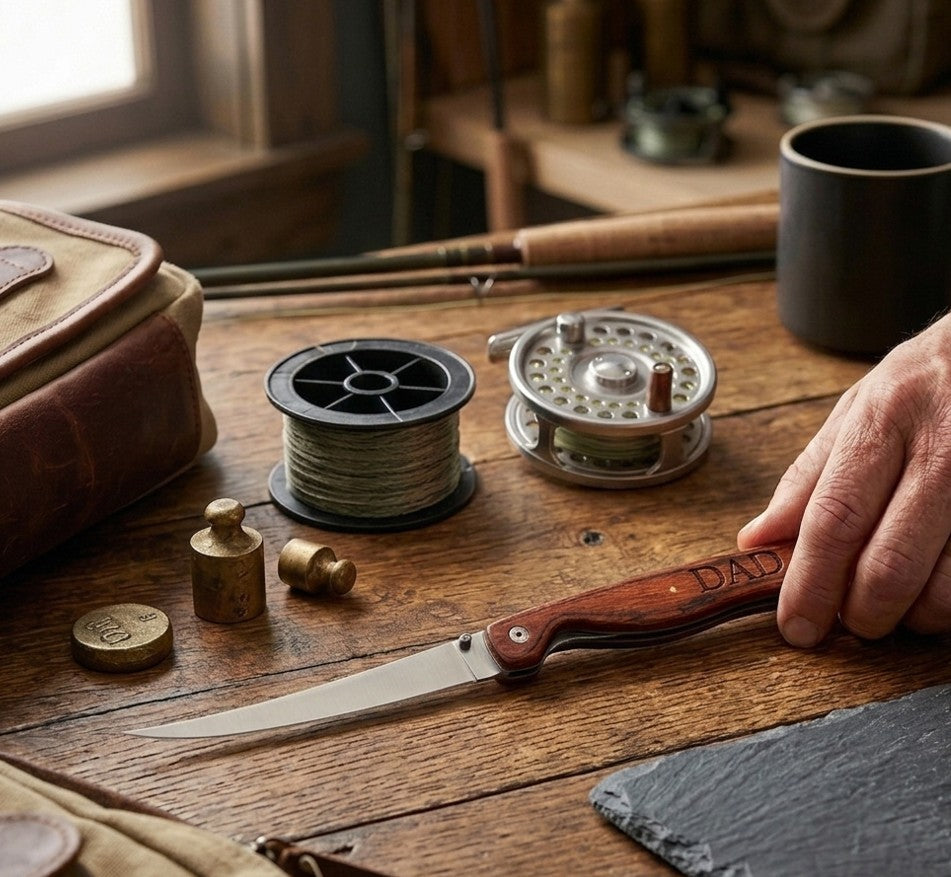 Stainless steel fillet knife with birchwood handle, locking blade, and nylon carrying pouch, designed for filleting fish and trimming meats, making a thoughtful gift for fishing enthusiasts and outdoor adventurers.