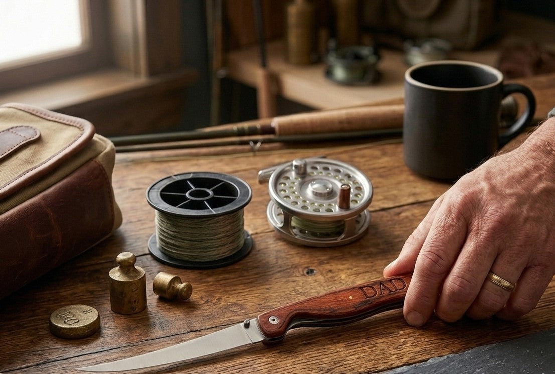 Stainless steel fillet knife with birchwood handle, locking blade, and nylon carrying pouch, designed for filleting fish and trimming meats, making a thoughtful gift for fishing enthusiasts and outdoor adventurers.