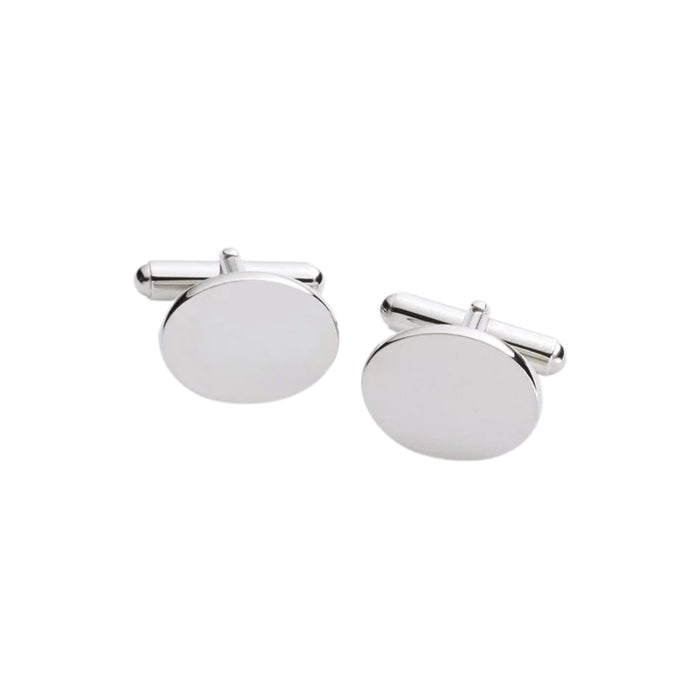 Palladium-finish oval cuff links with a non-tarnishing polished surface, measuring 0.75" x 0.875" each. The engravable cuff links are presented in an elegant black gift box, ideal for personalized gifting and formal occasions.