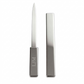 Covered nickel-plated letter opener with safety blade cover, personalized design, gift box included, measuring 7 inches long and 0.75 inch wide.