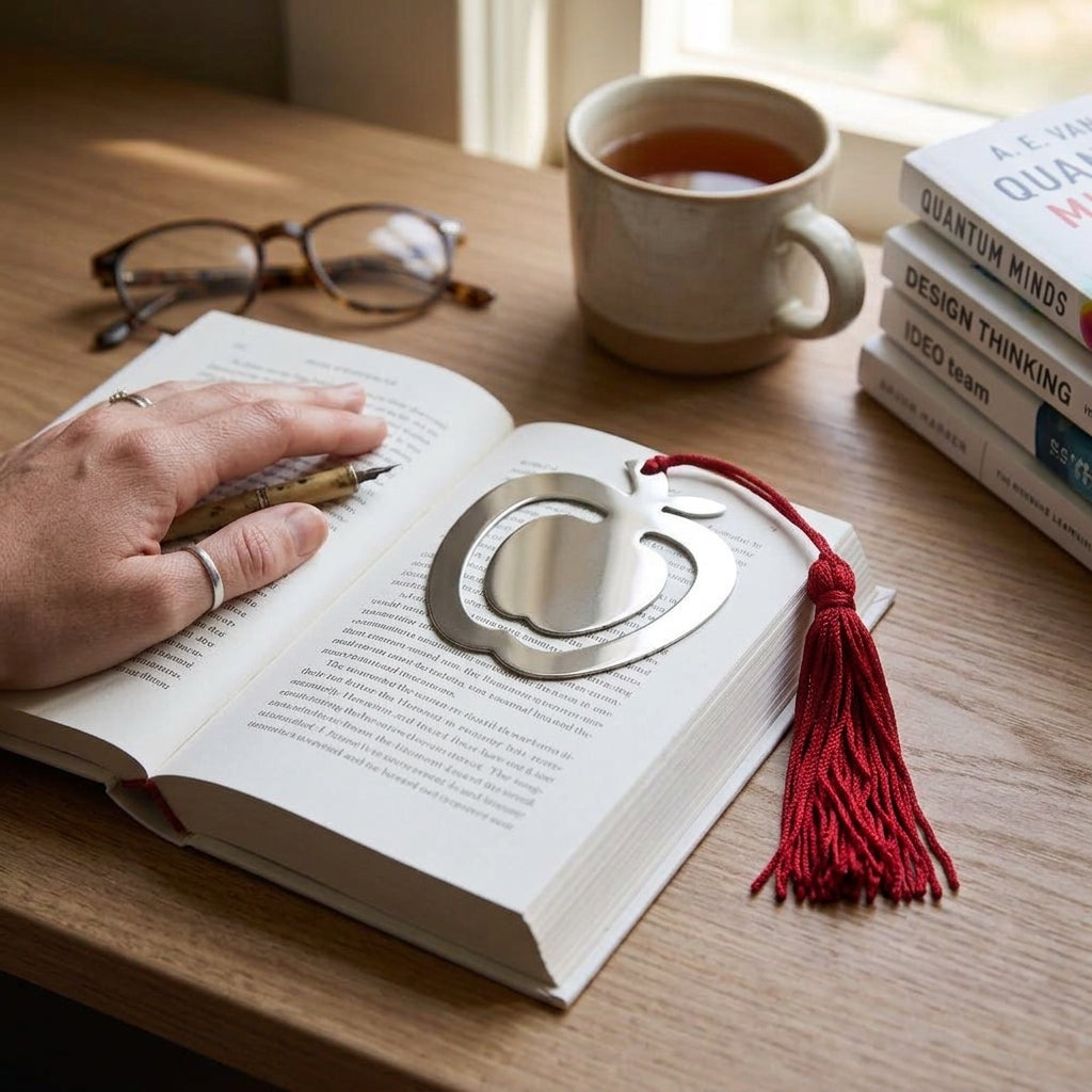 Apple-shaped nickel-plated bookmark measuring 2.5 inches wide, featuring a red tassel and gift box.
