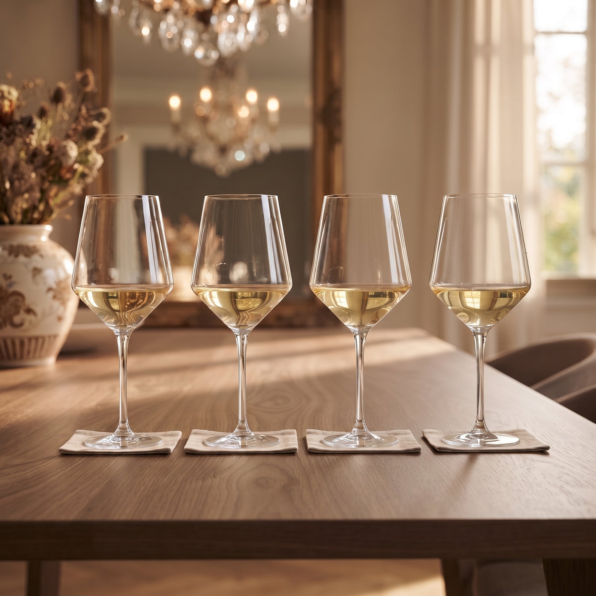 Set of 4 white wine glasses, 14 oz, featuring a modern design and clear glass construction for serving white wine at dinners, gatherings, and special occasions.
