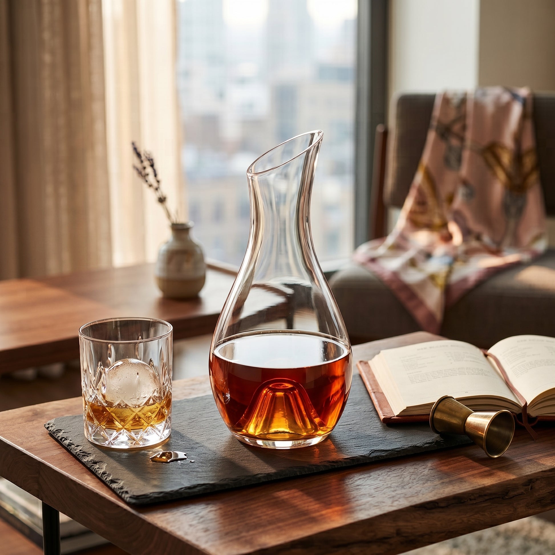 Clear glass wine carafe, 36 oz, with a sleek streamlined design for serving and aerating wine, ideal for dining tables, entertaining, and special occasions.
