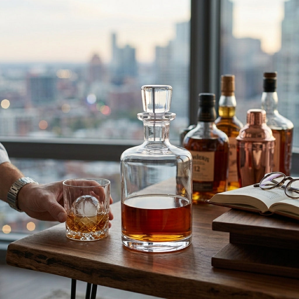 Round glass decanter, 50 oz, with a clear design and sturdy base for elegantly serving and displaying whiskey, brandy, and other spirits.
