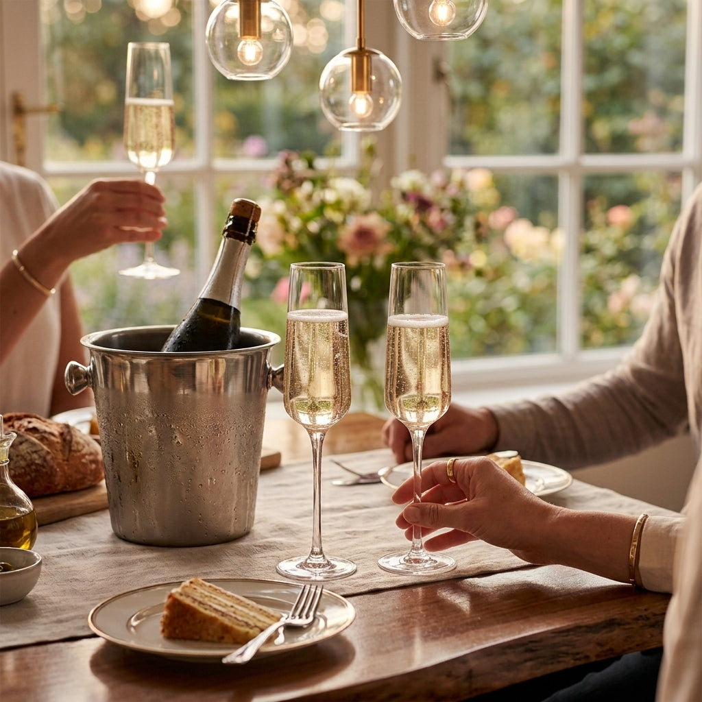 Set of 2 classic champagne flutes, 9 oz, with a sleek slender design for serving champagne or sparkling wine at weddings, celebrations, and special occasions.