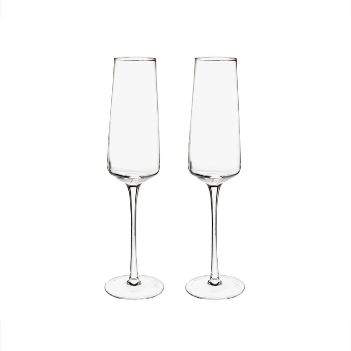 Set of 2 classic champagne flutes, 9 oz, with a sleek slender design for serving champagne or sparkling wine at weddings, celebrations, and special occasions.