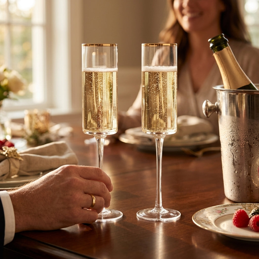 Set of gold-rim champagne flutes, 8 oz, featuring an elegant design for serving champagne at weddings, anniversaries, celebrations, and special occasions.