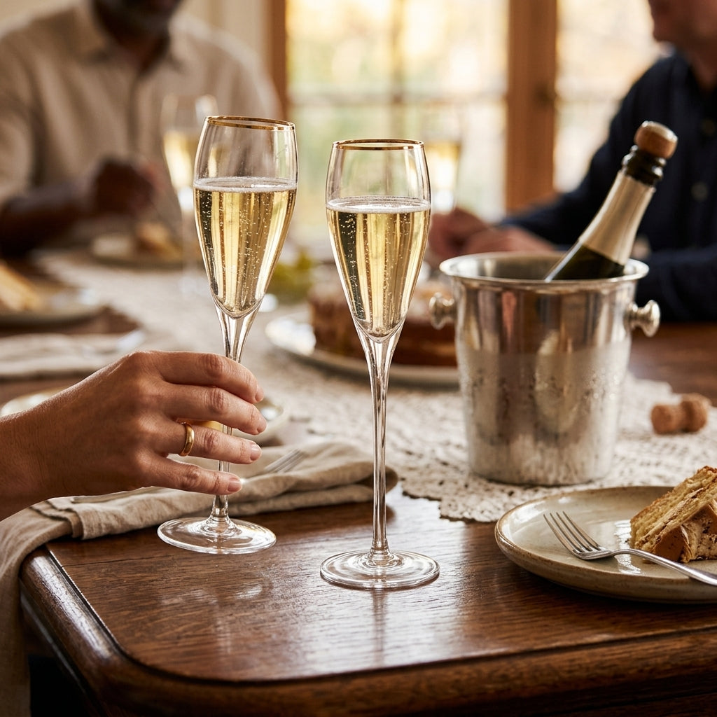 Set of 2 gold-rim tapered champagne flutes, 8 oz, with an elegant design for serving champagne or sparkling wine at celebrations, weddings, and special occasions.