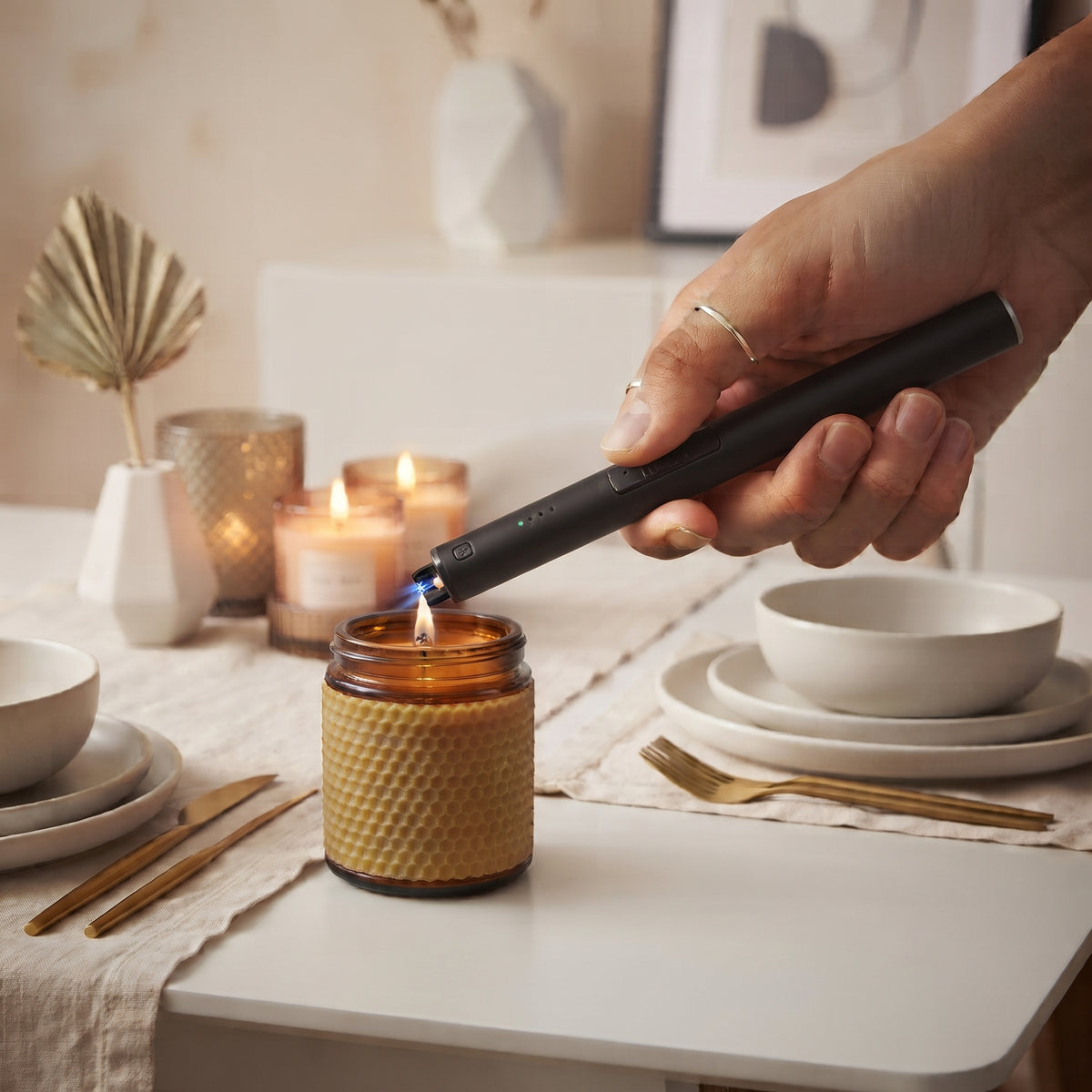 Chic black flameless lighter, 9.5 inches, with plasma arc technology, USB rechargeable design, and long stem for candle and fireplace lighting.
