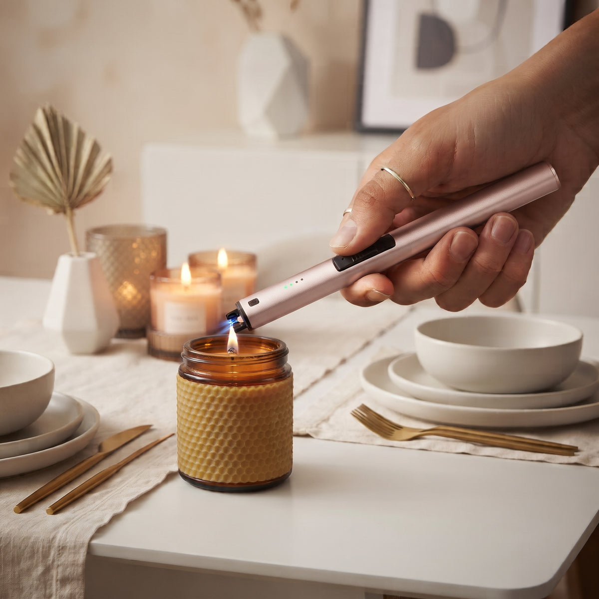 Chic pink flameless lighter, 9.5 inches, with plasma arc technology, USB rechargeable design, and long stem for candle and fireplace lighting.
