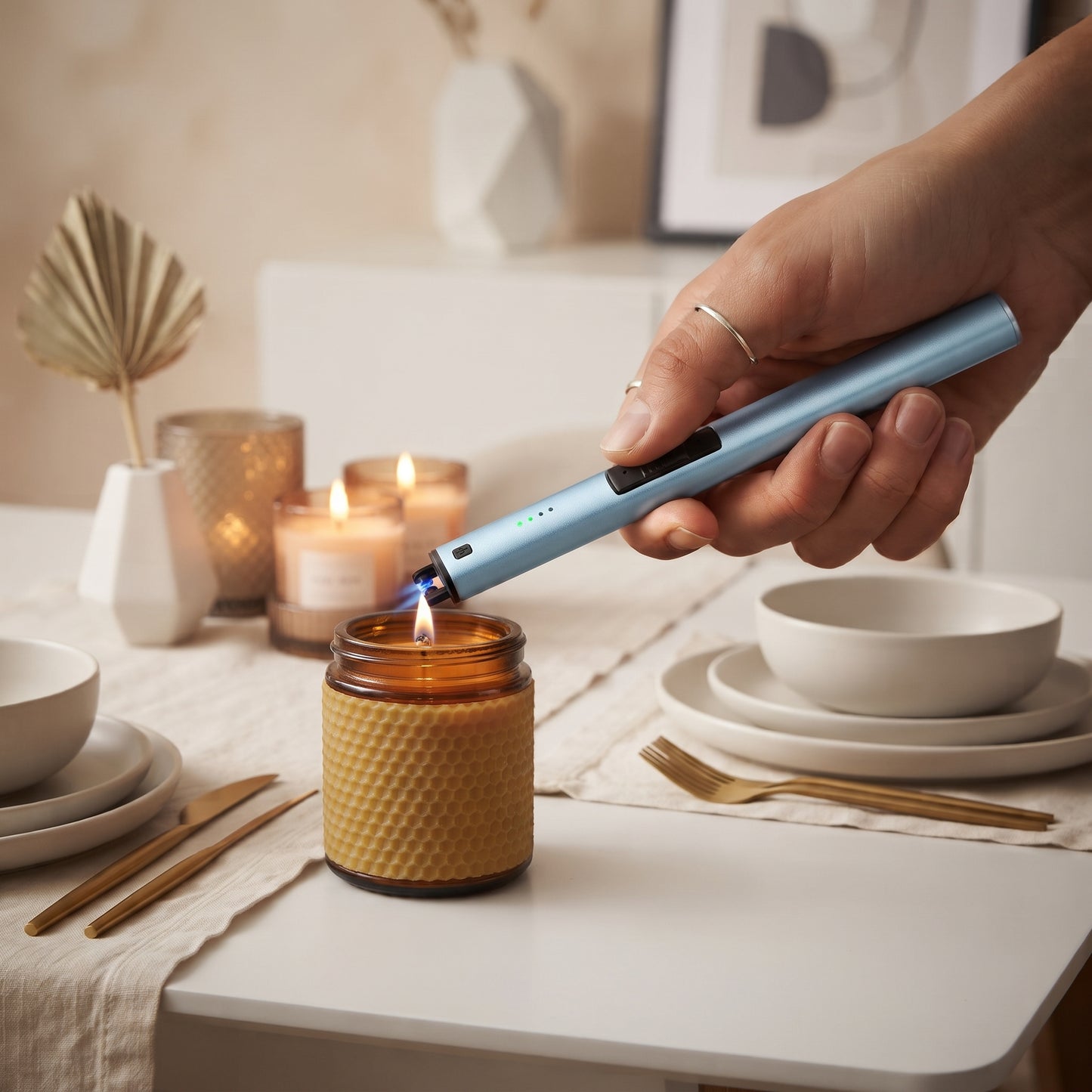 Blue flameless lighter, 9.5 inches, with plasma arc technology, USB rechargeable design, and long stem for safe candle and fireplace lighting.

