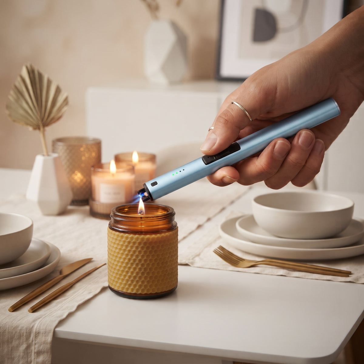 Blue flameless lighter, 9.5 inches, with plasma arc technology, USB rechargeable design, and long stem for safe candle and fireplace lighting.

