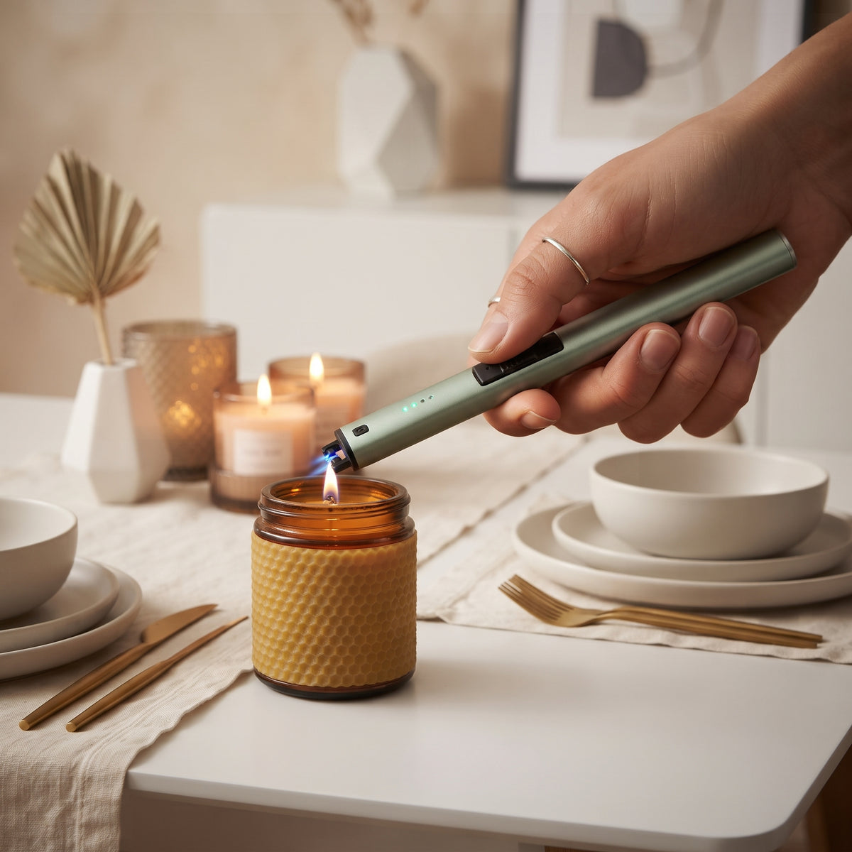 Metallic green flameless lighter with plasma arc technology, USB rechargeable design, and long stem for convenient candle and fireplace lighting.
