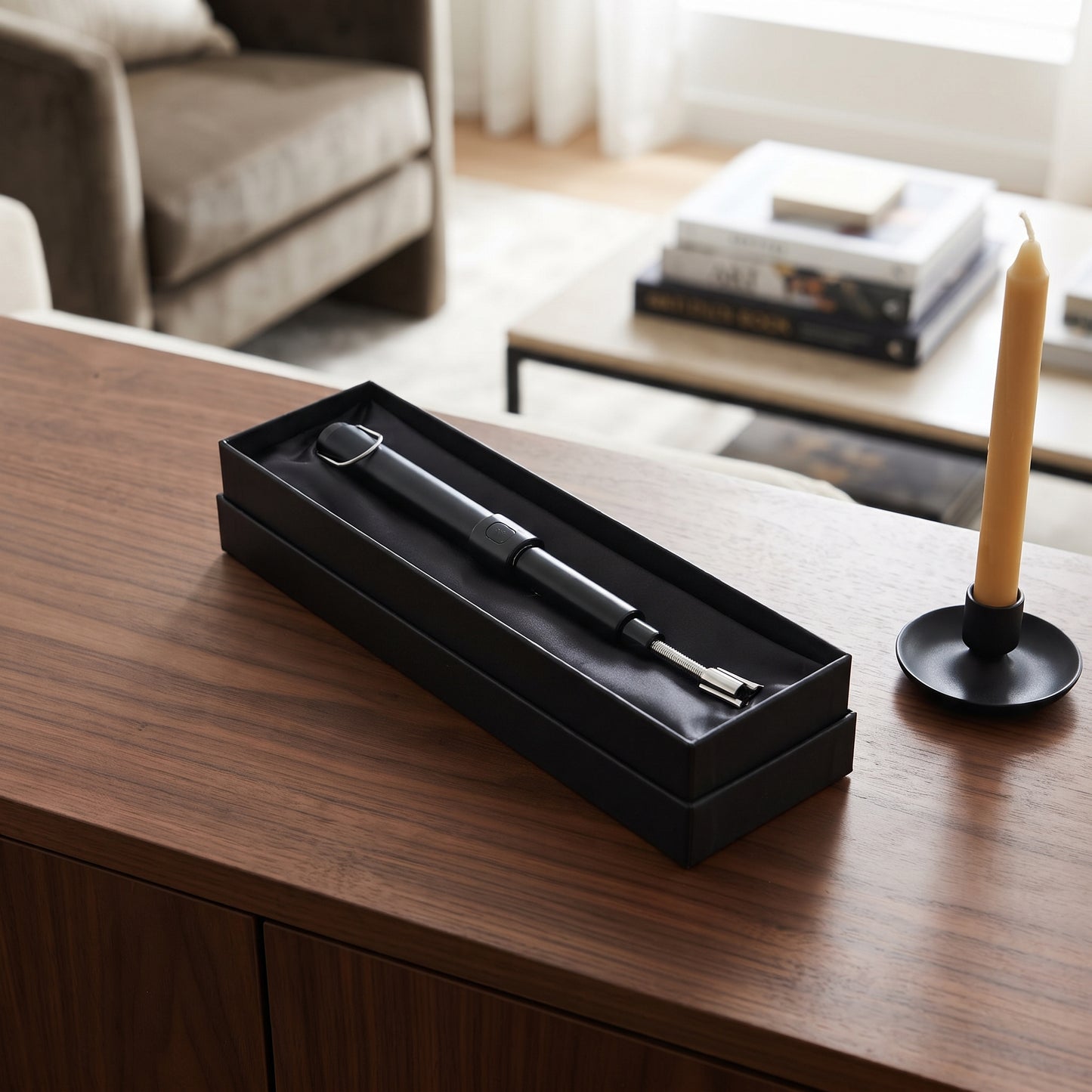 Black rechargeable flameless extendable lighter with a flexible long neck, USB charging, and windproof design. Adjustable length for lighting candles, grills, fireplaces, and outdoor use.